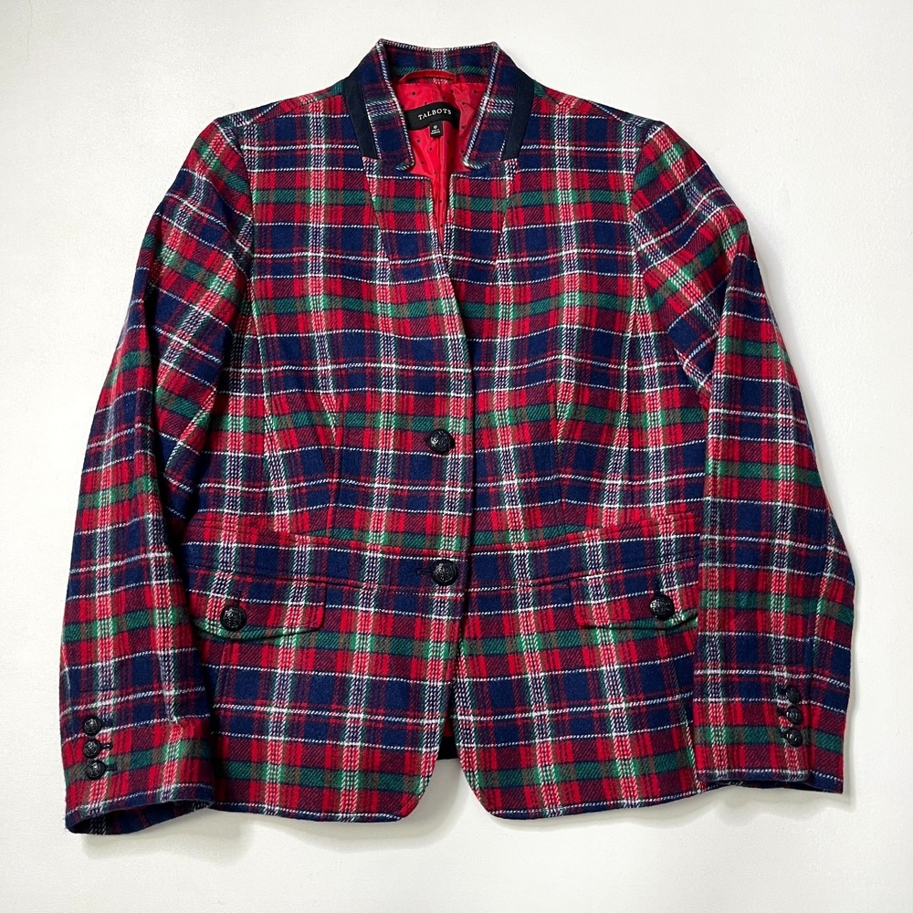 Talbots Red Blue Plaid Wool Blend Blazer Womens 12 Jacket Tartan Preppy Academic